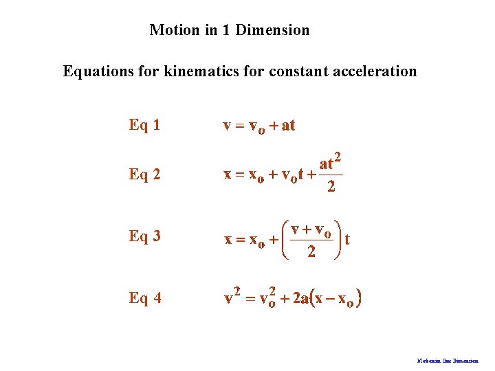 Motion in 1 Dimension Equations for kinematics for constant acceleration Eq 1 Eq 2