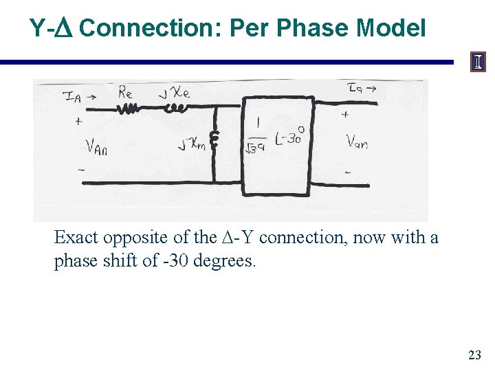 Y-D Connection: Per Phase Model Exact opposite of the D-Y connection, now with a