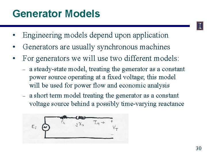 Generator Models • Engineering models depend upon application • Generators are usually synchronous machines
