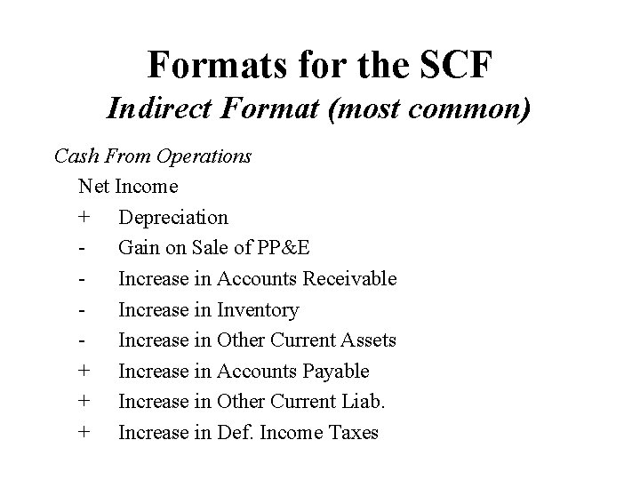Formats for the SCF Indirect Format (most common) Cash From Operations Net Income +