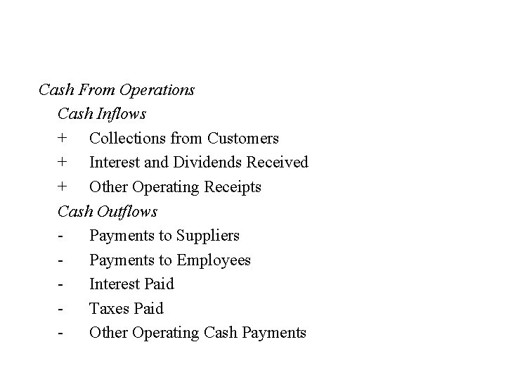 Cash From Operations Cash Inflows + Collections from Customers + Interest and Dividends Received