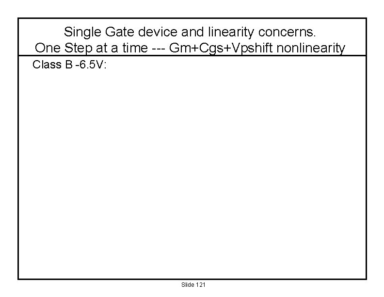 Single Gate device and linearity concerns. One Step at a time --- Gm+Cgs+Vpshift nonlinearity