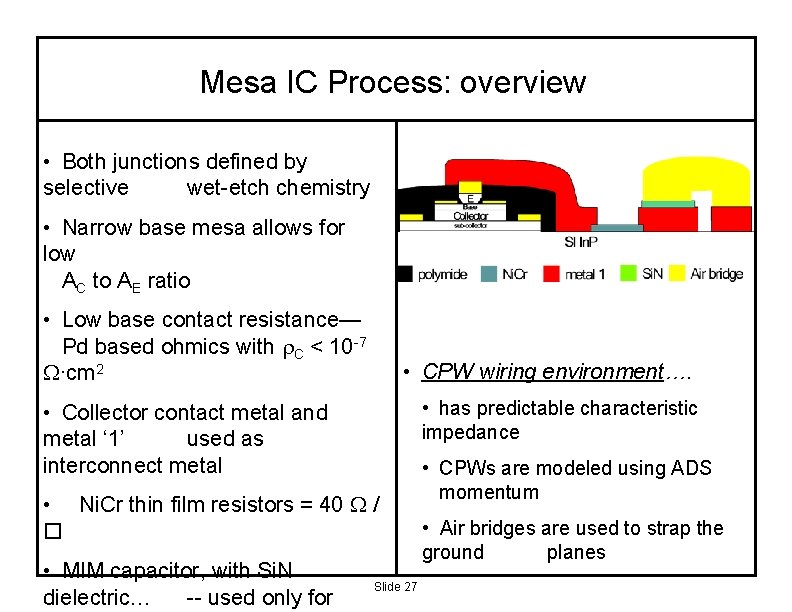Mesa IC Process: overview • Both junctions defined by selective wet-etch chemistry • Narrow