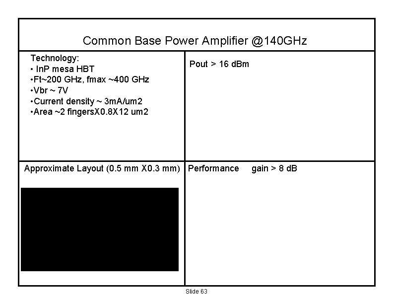 Common Base Power Amplifier @140 GHz Technology: • In. P mesa HBT • Ft~200