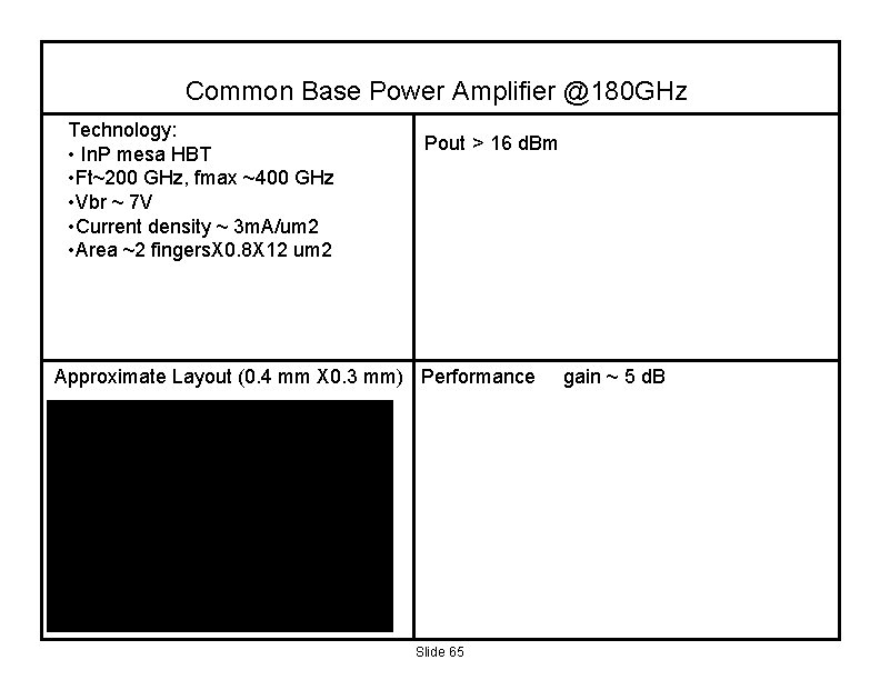 Common Base Power Amplifier @180 GHz Technology: • In. P mesa HBT • Ft~200