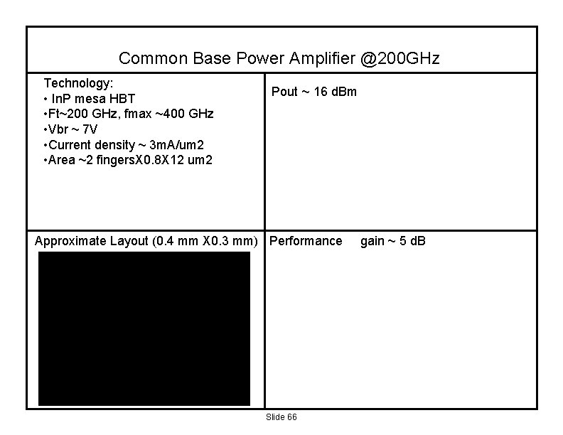Common Base Power Amplifier @200 GHz Technology: • In. P mesa HBT • Ft~200