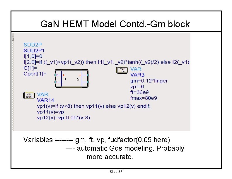Ga. N HEMT Model Contd. -Gm block Variables ---- gm, ft, vp, fudfactor(0. 05