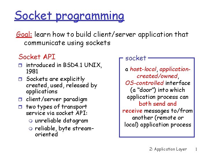 Socket programming Goal: learn how to build client/server application that communicate using sockets Socket