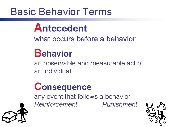 Basic Behavior Terms Antecedent what occurs before a behavior Behavior an observable and measurable