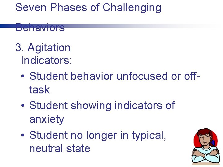 Seven Phases of Challenging Behaviors 3. Agitation Indicators: • Student behavior unfocused or offtask