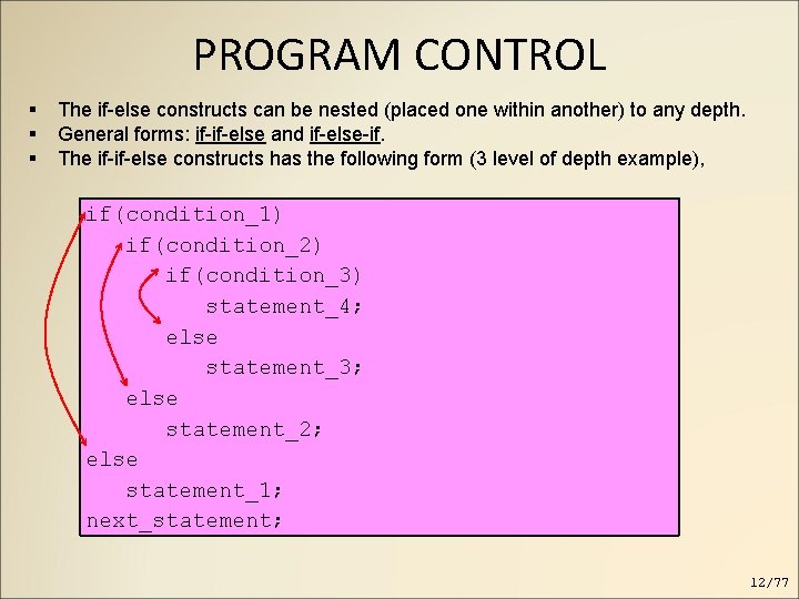PROGRAM CONTROL The if-else constructs can be nested (placed one within another) to any PROGRAM CONTROL The if-else constructs can be nested (placed one within another) to any