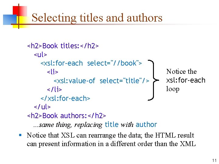 Selecting titles and authors <h 2>Book titles: </h 2> <ul> <xsl: for-each select="//book"> Notice