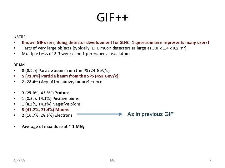 GIF++ USERS • Known GIF users, doing detector development for SLHC. 1 questionnaire represents