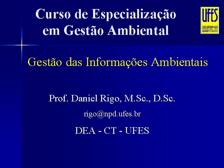 Curso de Especialização em Gestão Ambiental Gestão das Informações Ambientais Prof. Daniel Rigo, M.