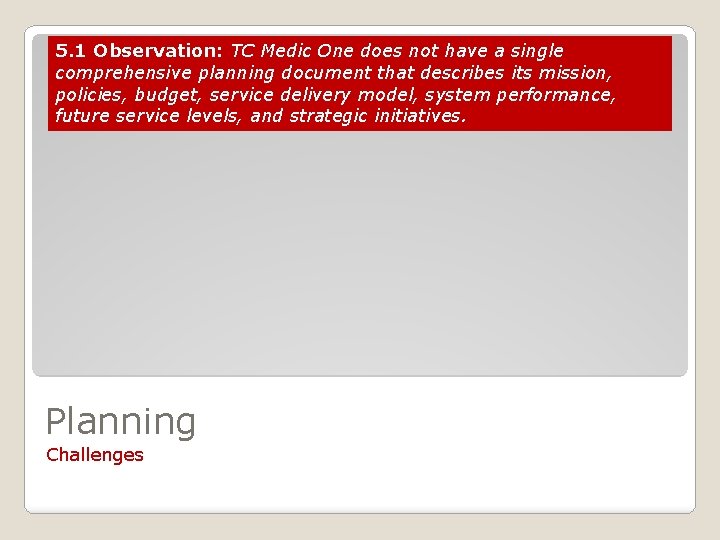 5. 1 Observation: TC Medic One does not have a single comprehensive planning document