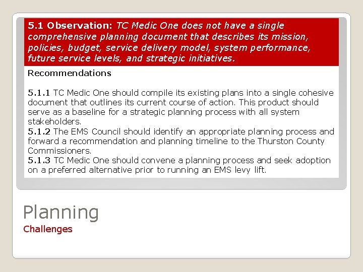 5. 1 Observation: TC Medic One does not have a single comprehensive planning document