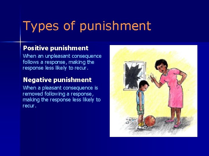 Types of punishment Positive punishment When an unpleasant consequence follows a response, making the Types of punishment Positive punishment When an unpleasant consequence follows a response, making the
