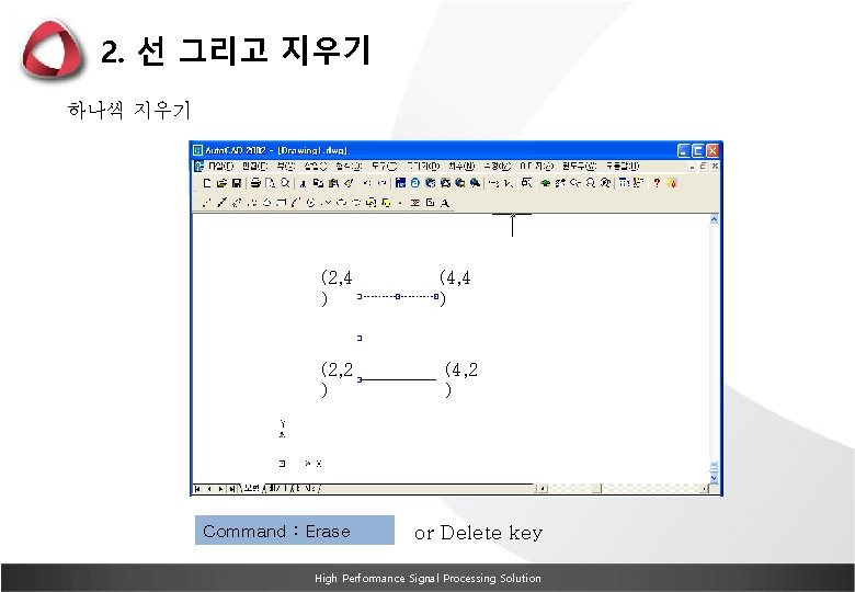 2. 선 그리고 지우기 하나씩 지우기 (2, 4 ) (2, 2 ) Command :