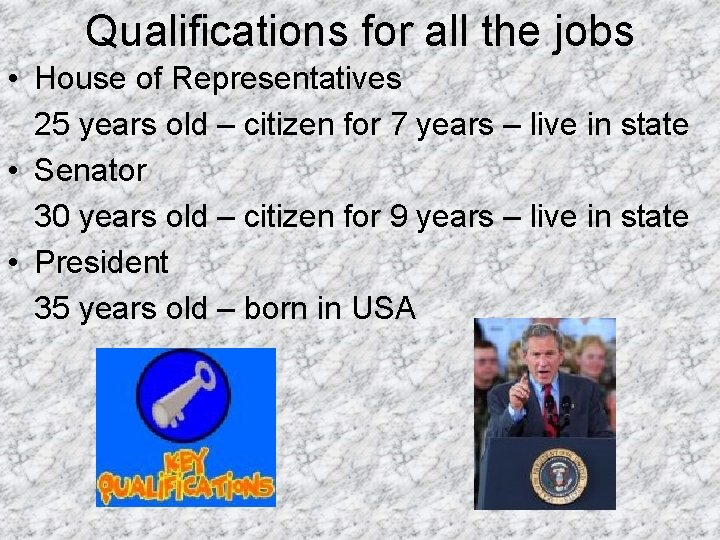 Qualifications for all the jobs • House of Representatives 25 years old – citizen
