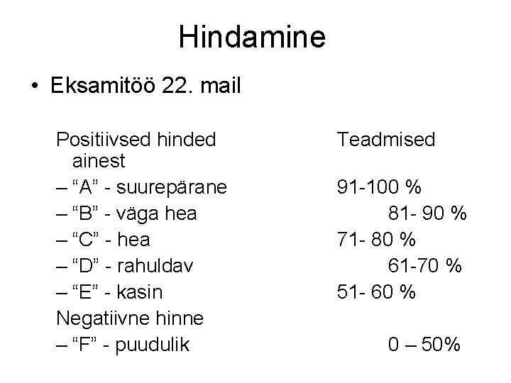 Hindamine • Eksamitöö 22. mail Positiivsed hinded ainest – “A” - suurepärane – “B”