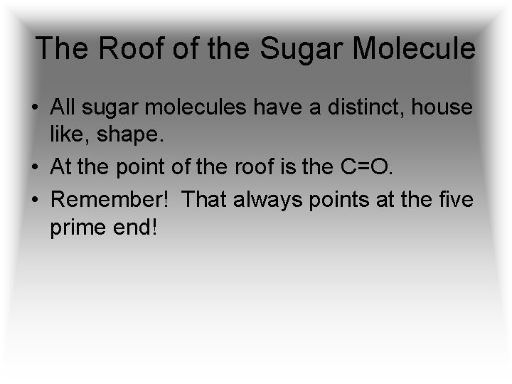 The Roof of the Sugar Molecule • All sugar molecules have a distinct, house