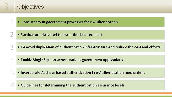 3 Objectives 1 • Consistency in government processes for e-Authentication 2 • Services are