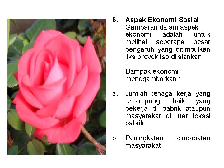 6. Aspek Ekonomi Sosial Gambaran dalam aspek ekonomi adalah untuk melihat seberapa besar pengaruh