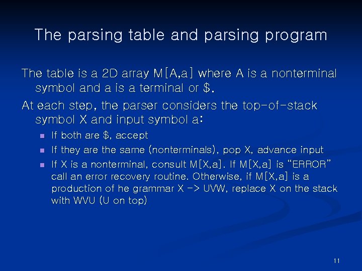 The parsing table and parsing program The table is a 2 D array M[A,