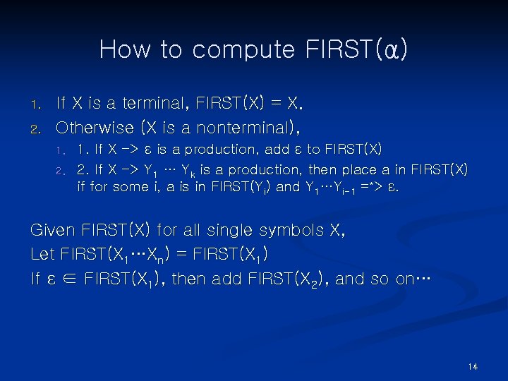 How to compute FIRST(α) 1. 2. If X is a terminal, FIRST(X) = X.
