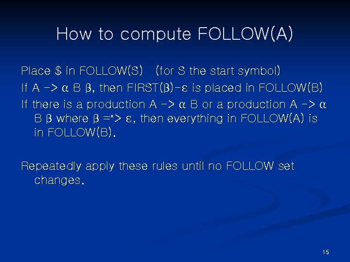 How to compute FOLLOW(A) Place $ in FOLLOW(S) (for S the start symbol) If