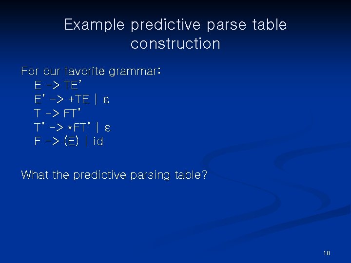 Example predictive parse table construction For our favorite grammar: E -> TE’ E’ ->