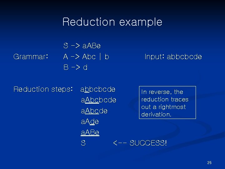 Reduction example Grammar: S -> a. ABe A -> Abc | b B ->