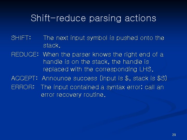 Shift-reduce parsing actions SHIFT: The next input symbol is pushed onto the stack. REDUCE: