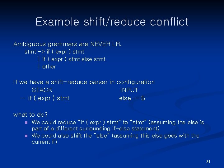 Example shift/reduce conflict Ambiguous grammars are NEVER LR. stmt -> if ( expr )