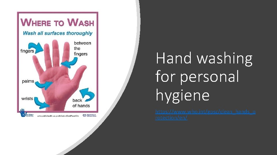 Hand washing for personal hygiene https: //www. who. int/gpsc/clean_hands_p rotection/en/ 