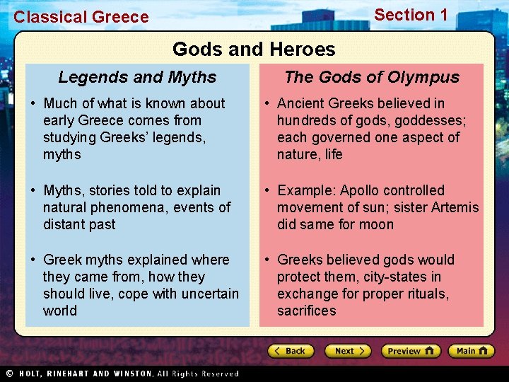 Section 1 Classical Greece Gods and Heroes Legends and Myths The Gods of Olympus