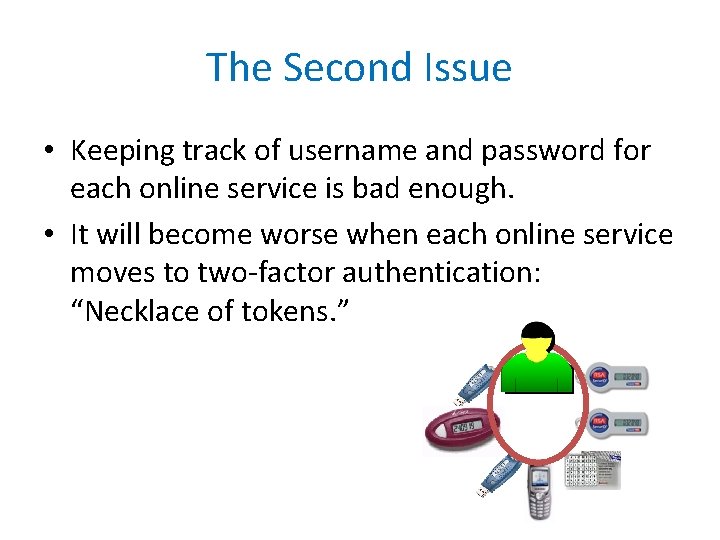 The Second Issue • Keeping track of username and password for each online service The Second Issue • Keeping track of username and password for each online service