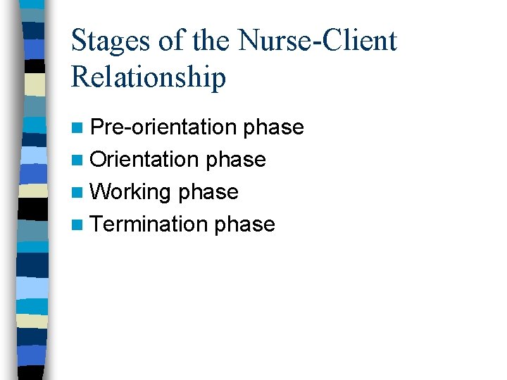 Stages of the Nurse-Client Relationship n Pre-orientation phase n Orientation phase n Working phase