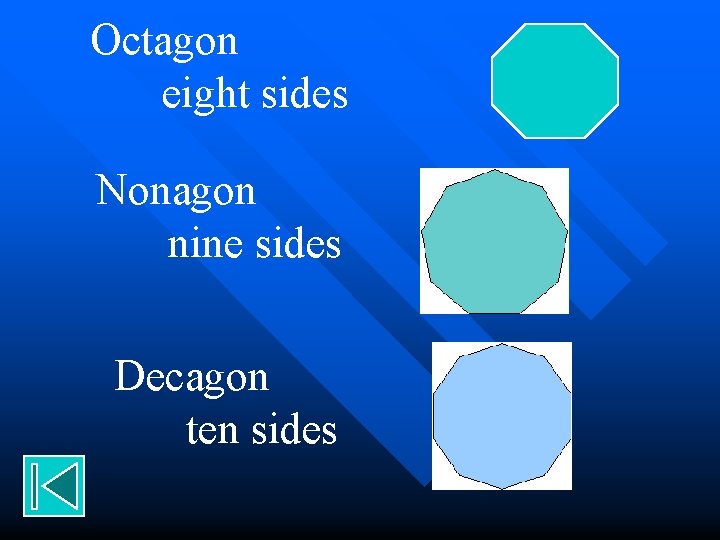 Octagon eight sides Nonagon nine sides Decagon ten sides 