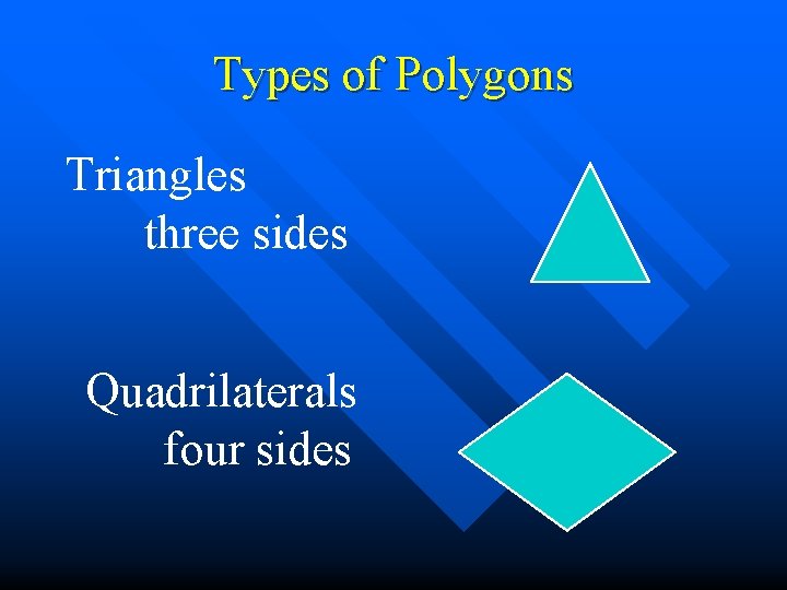 Types of Polygons Triangles three sides Quadrilaterals four sides 