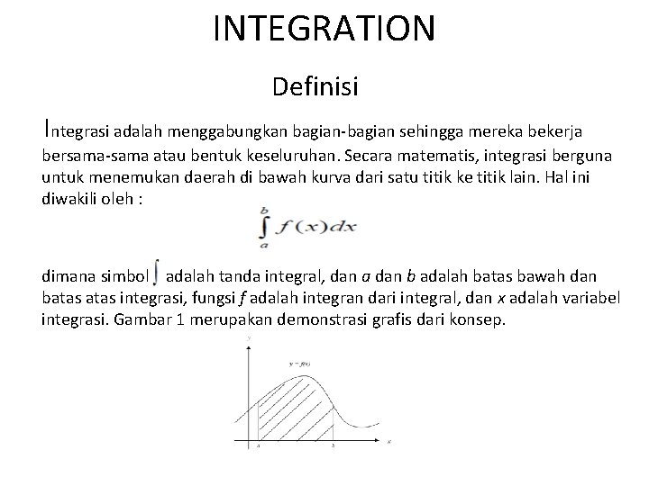INTEGRATION Definisi Integrasi adalah menggabungkan bagian-bagian sehingga mereka bekerja bersama-sama atau bentuk keseluruhan. Secara