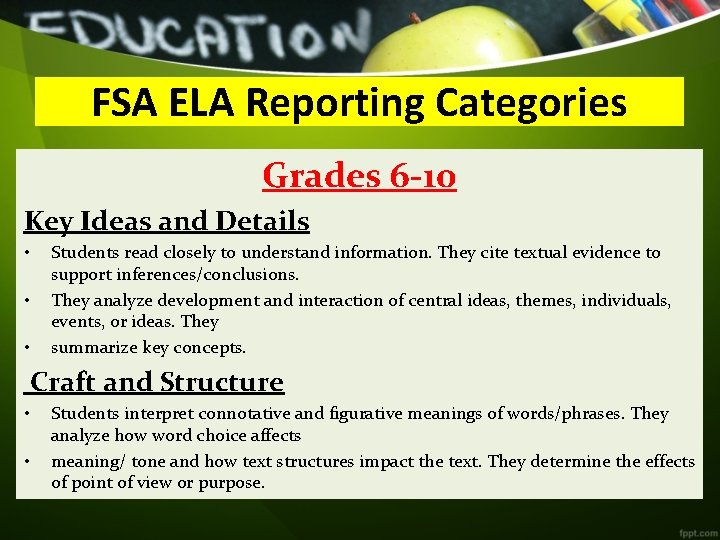 FSA ELA Reporting Categories Grades 6 -10 Key Ideas and Details • • •