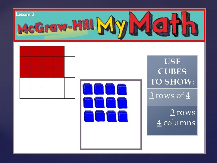 Lesson 2 { USE CUBES TO SHOW: 3 rows of 4 3 rows 4