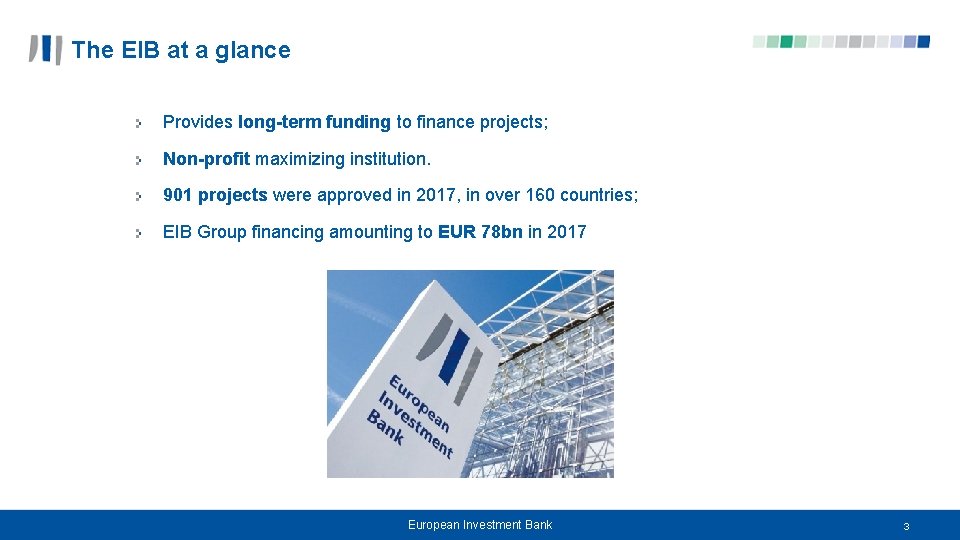 The EIB at a glance Provides long-term funding to finance projects; Non-profit maximizing institution.
