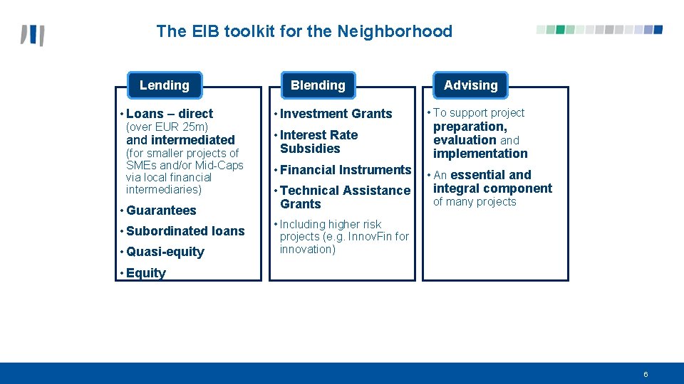 The EIB toolkit for the Neighborhood Lending • Loans – direct (over EUR 25