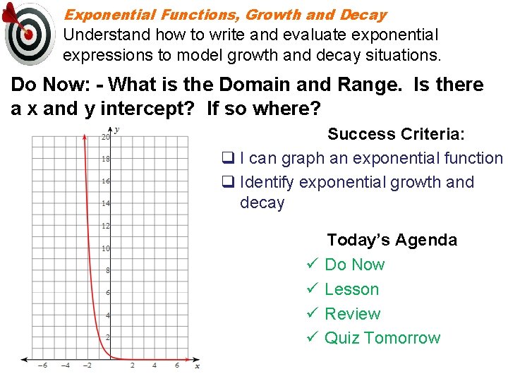 Exponential Functions, Growth and Decay Growth, how and Decay Understand to write and evaluate