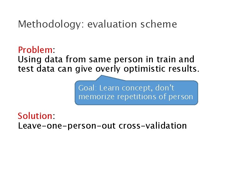 Methodology: evaluation scheme Problem: Using data from same person in train and test data