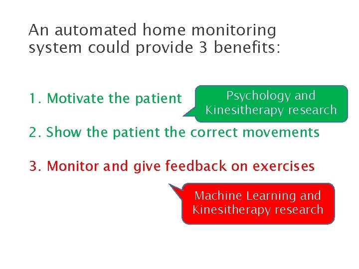 An automated home monitoring system could provide 3 benefits: 1. Motivate the patient Psychology