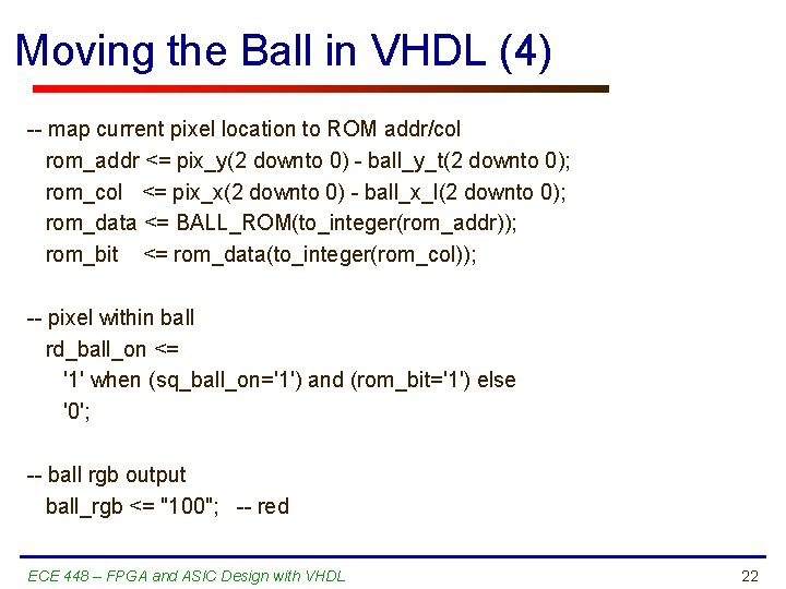 Moving the Ball in VHDL (4) -- map current pixel location to ROM addr/col