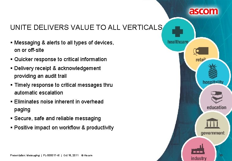UNITE DELIVERS VALUE TO ALL VERTICALS § Messaging & alerts to all types of